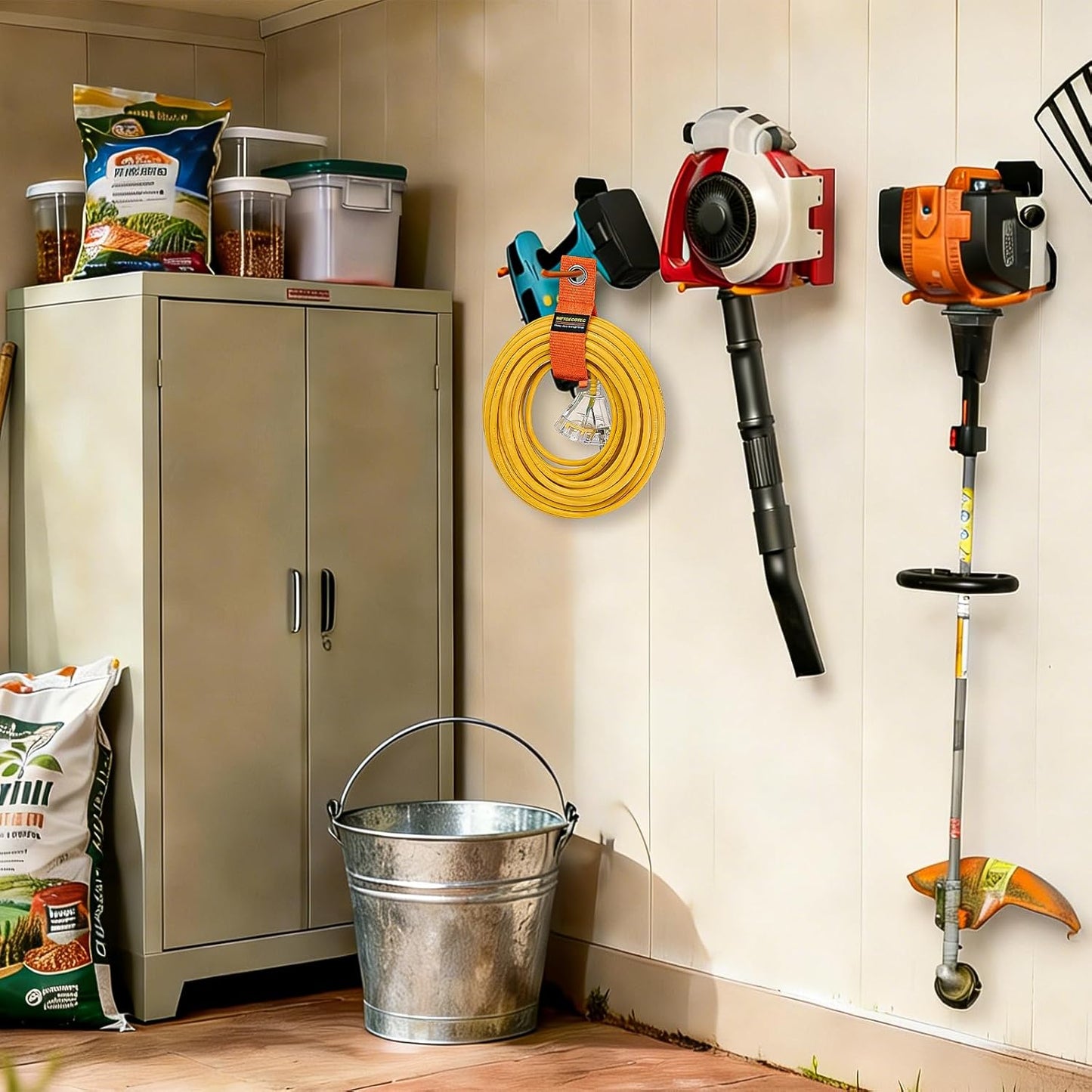 Heavy Duty Garden Power Tool Hanger, Garage Storage Utility Hooks with Storage Straps, Electric Tool Hooks, String Trimmer Hangers, Garden Tool Organizer, Weedeater Rack (1, Orange)