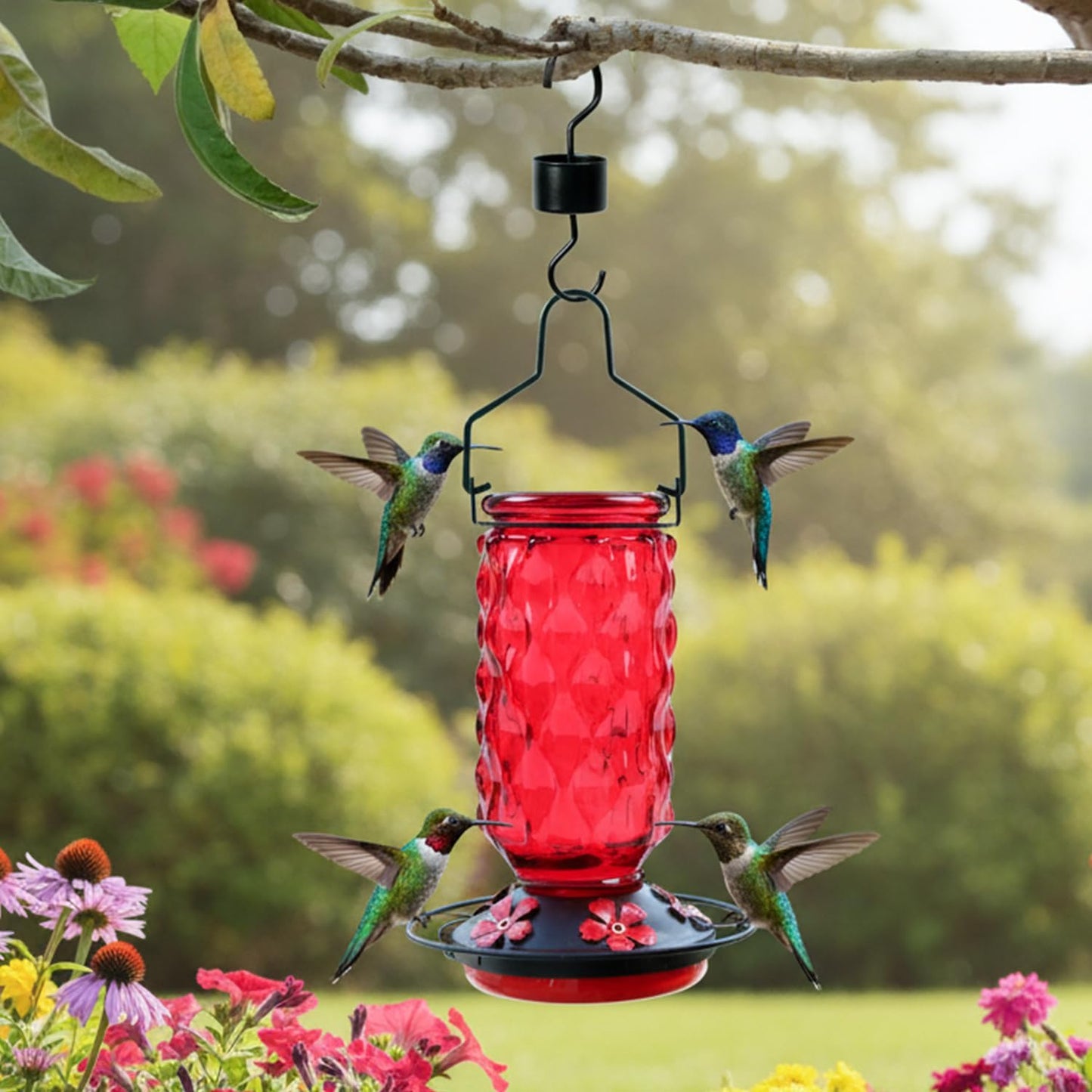 Glass Hummingbird Feeders for Outdoors - 25 OZ Red Humming Bird Hanging Nectar Feeder with 5 Feeding Port Ant Moat for Garden Tree Wildlife Backyard, Birder Ideal Gift for Women Men