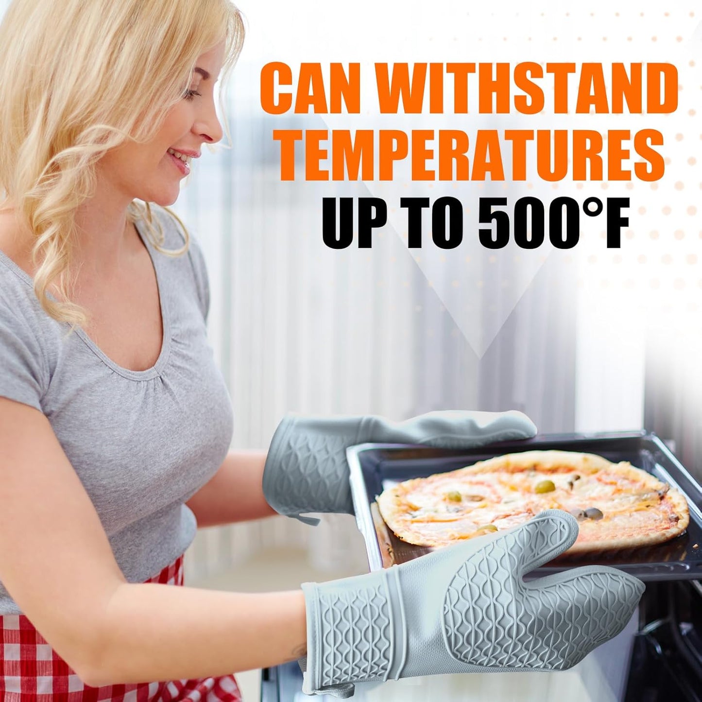 Silicone Oven Mitts, Heat Resistant 2PCS Oven Mitts with Soft Cotton Lining, Waterproof Non-Slip Grip Oven Glove, Kitchen Potholder Mits for BBQ, Baking, Cooking, 12.5 Inch - Grey