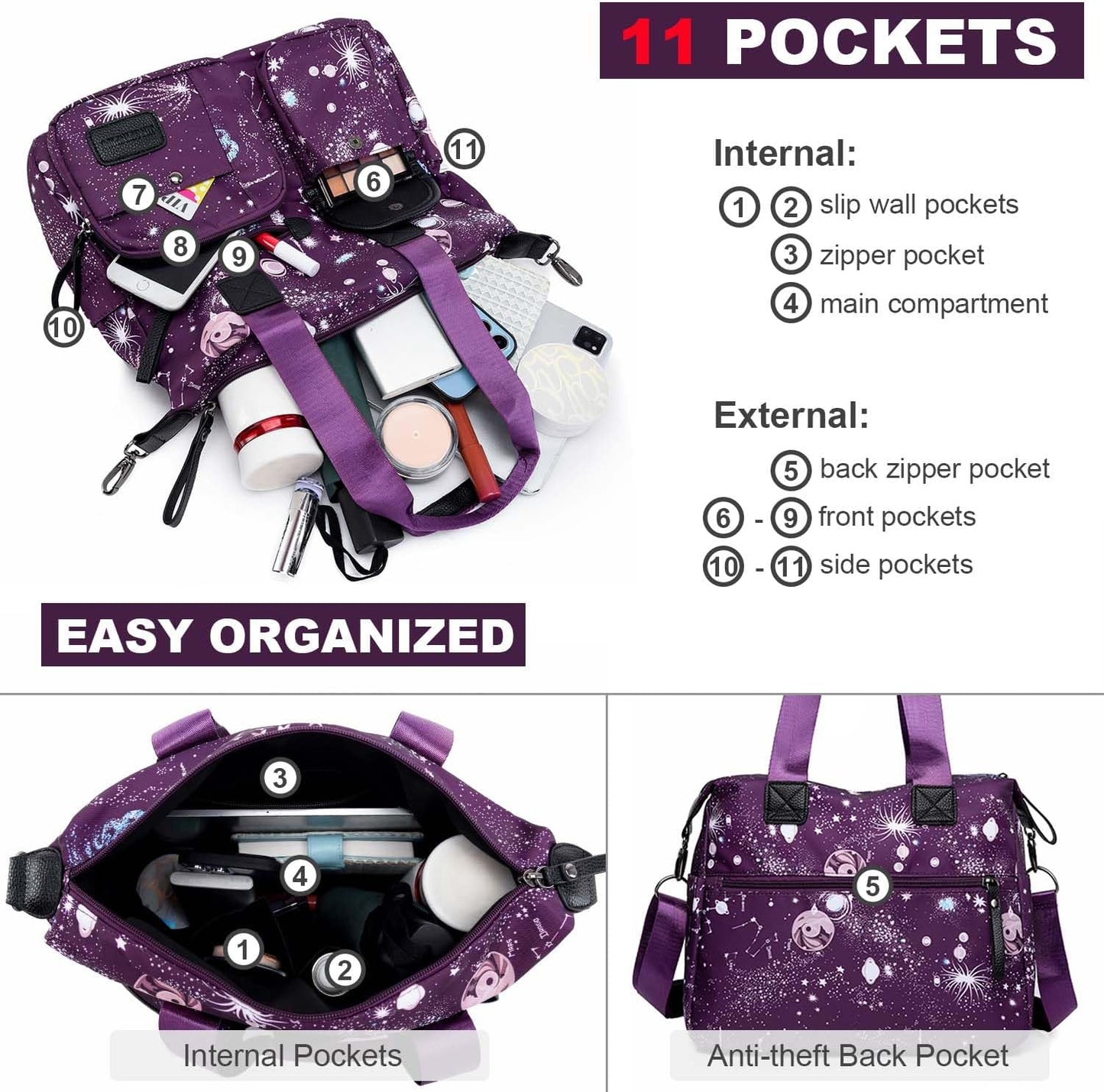 Tote Bag for Women,Multi Pockets Shoulder Handbag,Nurse Bag for Work,L