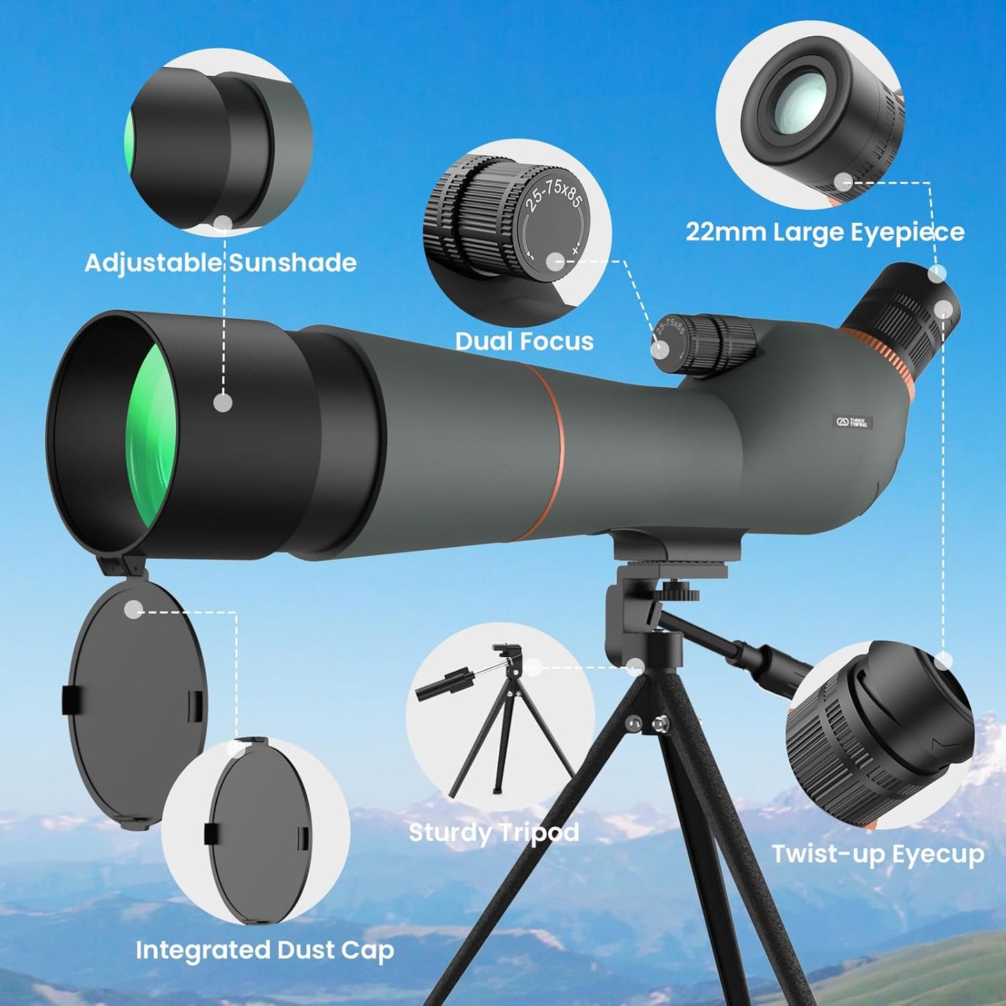 Spotting Scope 25-75×85 - Dual Focusing Spotter Scope, with Tripod & Phone Adapter, Ideal for Bird Watching & Wildlife Observing