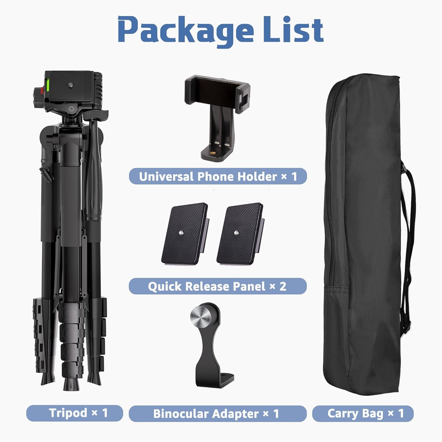 Binocular Tripod, 72” Spotting Scope Tripod Stand with Binocular Adapter and 2 QR Plates, Travel Camera Stand with Phone Holder/Carry Bag, Compatible with Binoculars/Spotting Scope/Camera/Phone