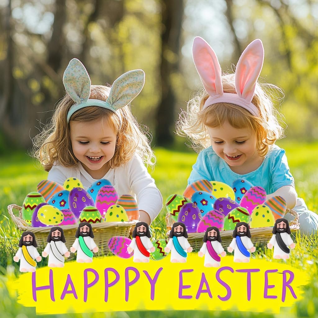24 Pcs Prefilled Easter Eggs with Mini Jesus Figurines Resin Toys Great for Kids Girls Boys Toddlers Easter Egg Hunt Fillers Easter Basket Stuffers Party Favors Gifts