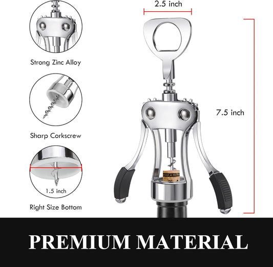 KORCCI Wine Opener, Heavy-Duty Zinc Alloy Wing Corkscrew, Premium Beer Bottle Opener, Multifunctional Wine Accessories with Ergonomic Handle and Sharp Screw, for Kitchen, Bar, Restaurant, Bartenders