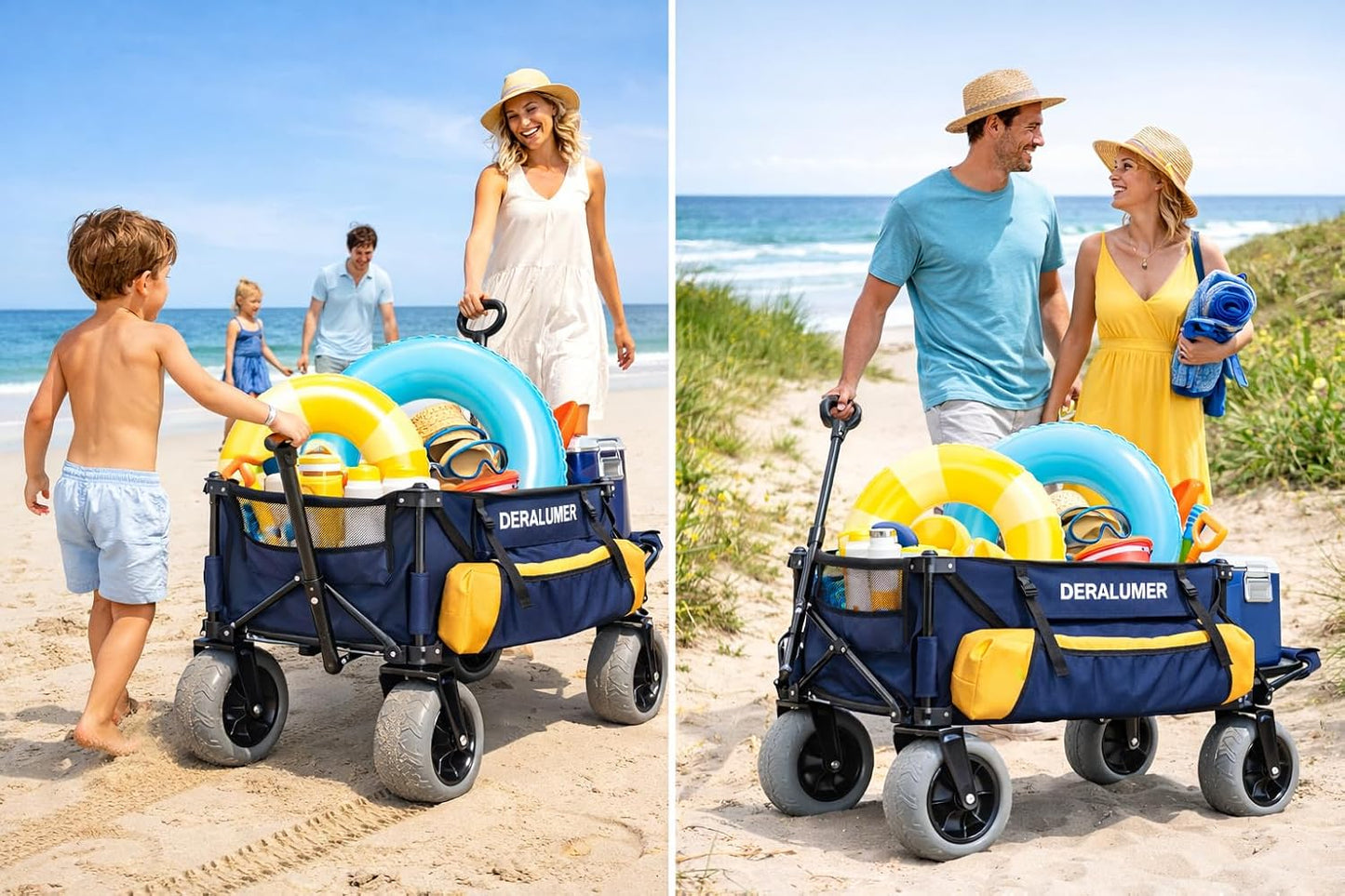 X900 Beach Wagon for Sand with 9"×4" Big Wheels, 48" Extra Large Heavy Duty Folding Wagon with Expandable Tailgate & Side Bag, Puncture-Proof All Terrain Collapsible Utility Cart