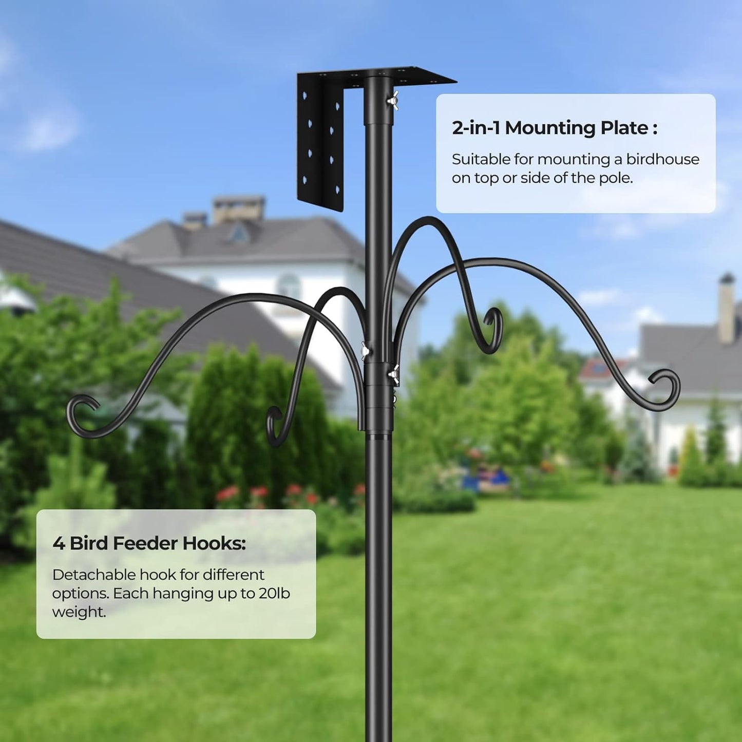 Garden Bird House Pole for Outdoor, BITNIN 92 Inch Heavy Duty Bird Feeder Pole Stand with Squirrel Proof Baffle 4 Shepherd Hooks, 5-Prong Base Bird Feeding Station Adjustable Height