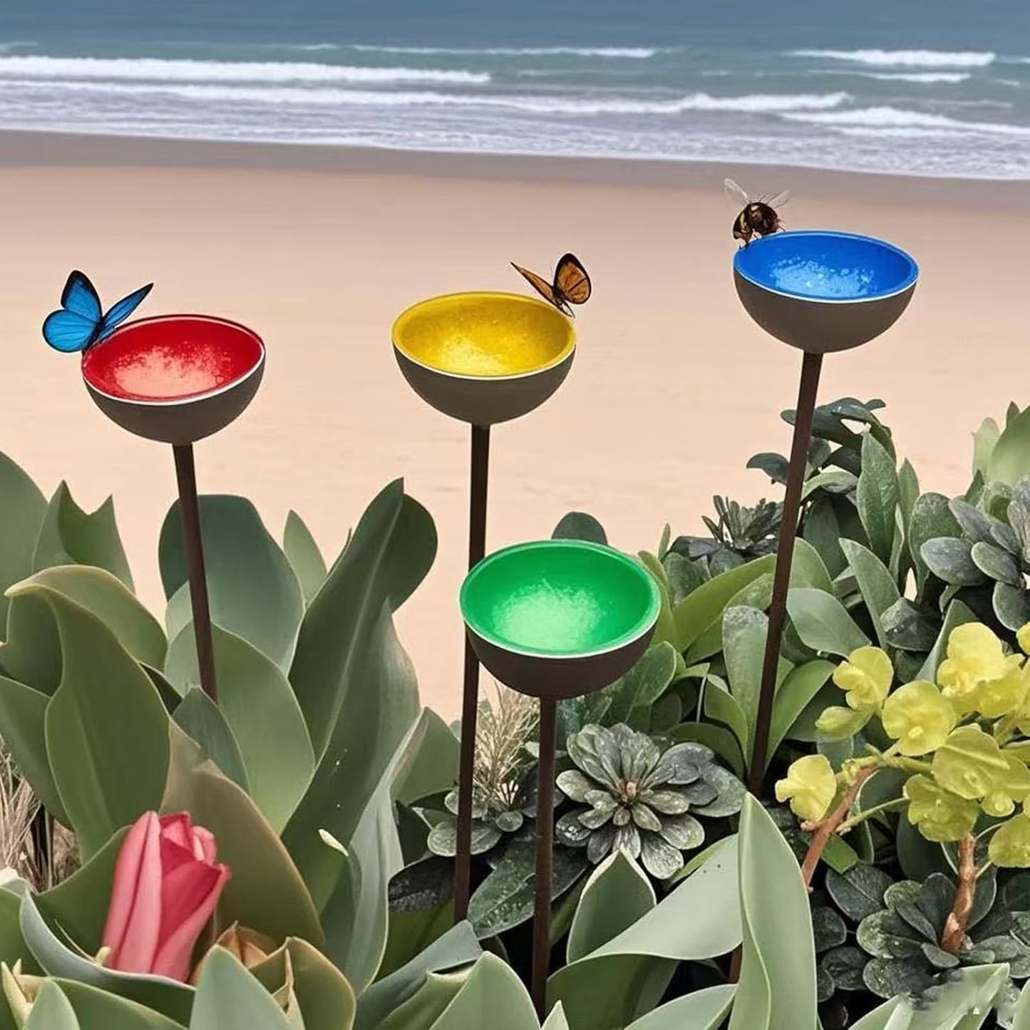Artistic Outdoor Garden Bird Feeder Weather Metal Bowls Removable Stakes Wildlife Water Station Rain Collector Iron Bird Feeder with Removable Stakes