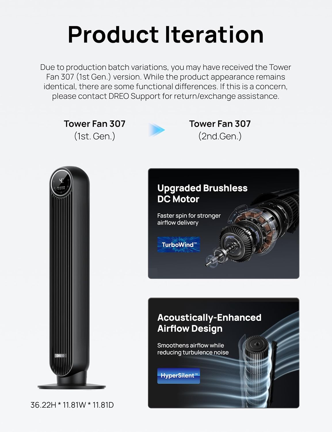 DREO Tower Fan for Bedroom, 2026 Upgraded DC Motor, 28ft/s High Velocity, 20dB Ultra Quiet Standing Fan, 8 Speeds 4 Modes, 90ยฐ Oscillating Bladeless Fan for Indoors, Floor Fans with Remote, Black
