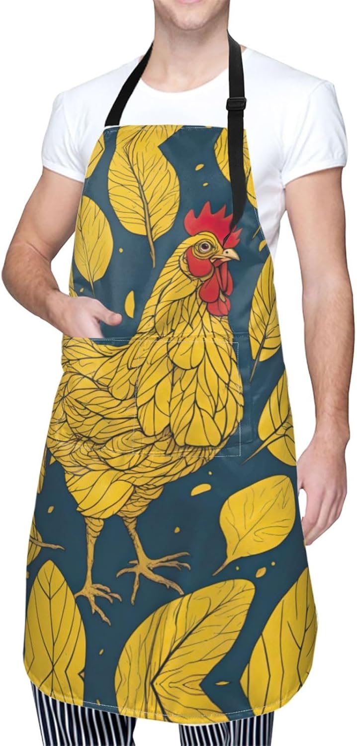 yellow leaves chicken print Waterproof chef's apron with pocket apron for kitchen cooking baking barbecue and gardening