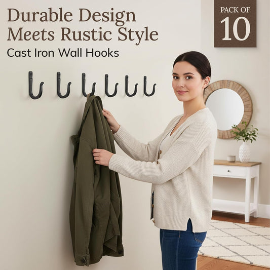 Railroad Spike Cast Iron Hooks (10 Pack) Handmade Blacksmith, Wall Mounted Farmhouse Decorative Hooks, PowderCoated for Interior or Exterior Use, Rust Proof for Hanging Coats, Bags or Pots (Black)
