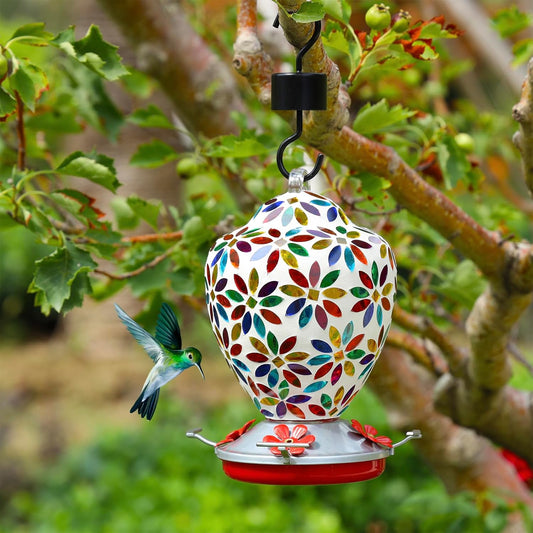 VOREEN Glass Mosaic Hummingbird Feeders, 35OZ with Ant Moat & 4 Feeding Ports, Hand Blown Glass Outdoor Hanging Porch Garden Backyard Decor, Mom Wife Friend'Gift, Flowers Design