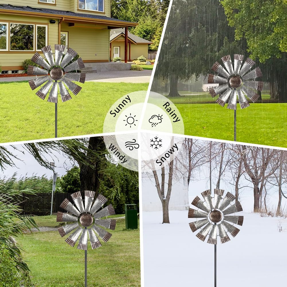 Wind Spinners Outdoor,Metal Vintage Style Single Sided Silver Windmill