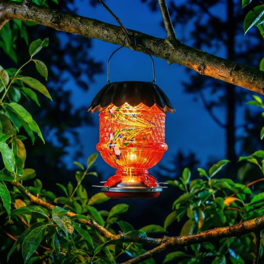 Solar Hummingbird Feeder with Perch 48 OZ Hand Blown Glass Hummingbird