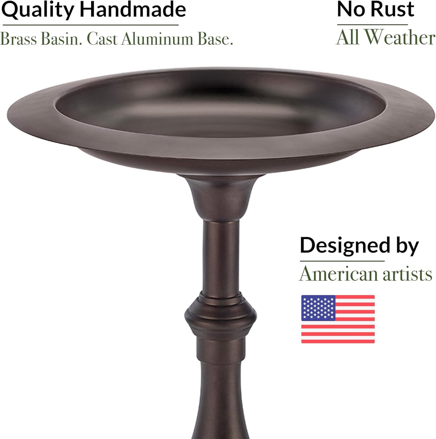 Good Directions Bronze Pedestal Bird Bath, Solid Brass Basin, Durable Aluminum Base, Includes Solar Water Fountain with Multiple Heads