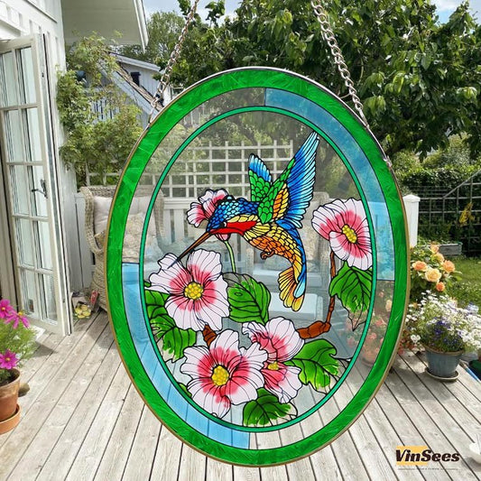 Hummingbird Stained Glass Window Hangings,Suncatcher for Window, Hummingbird and Flowers Hanging Ornament, Stained Glass Panel Home Decorations for Indoor Outdoor