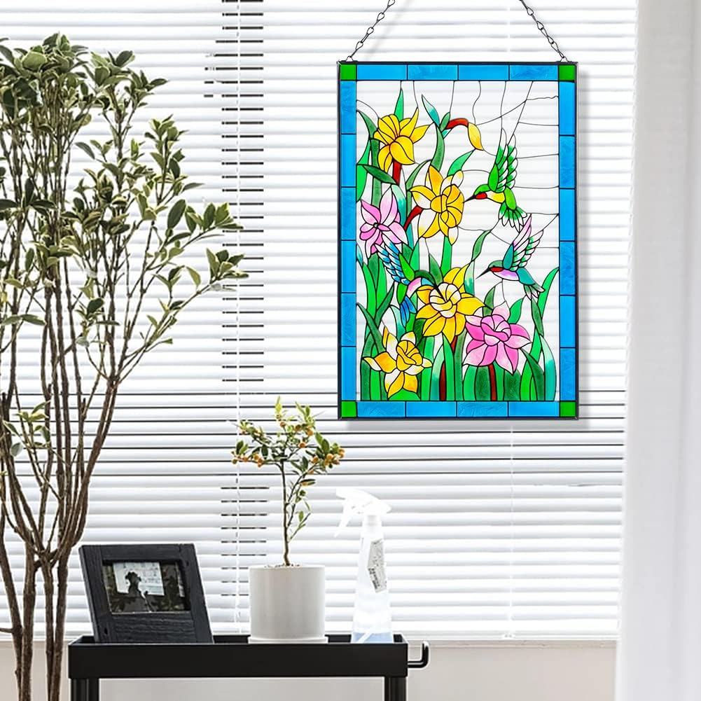 Viveta Hummingbird Stained Glass Window Hanging, Birds and Flowers Suncatcher for Window, Hummingbird Stained Glass Panel Hanging Ornament(Rectangular 10 * 15")