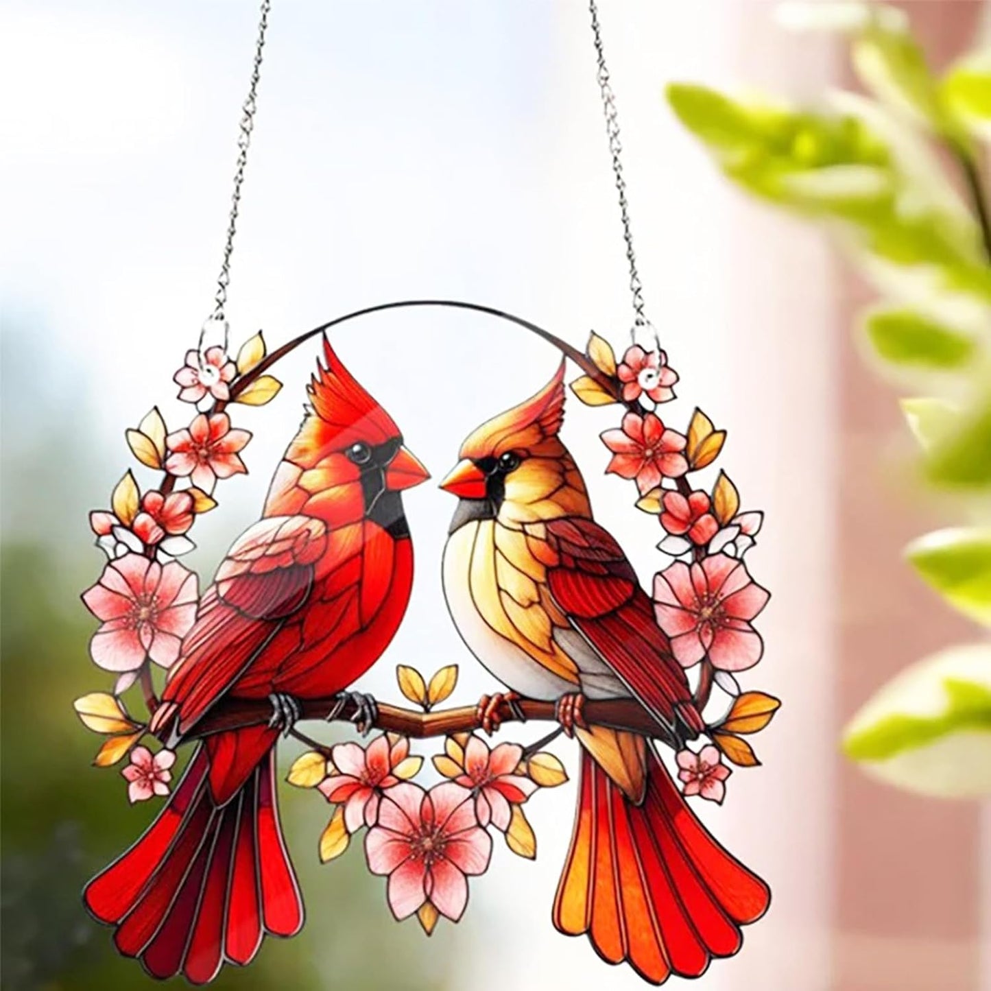 Acrylic Window Hanging Cardinal Suncatcher Decor,Red Bird Suncatcher Panel Outdoor Wall Art Stained Panel Hangings Gift for Home Garden Ornament for Birds Lover