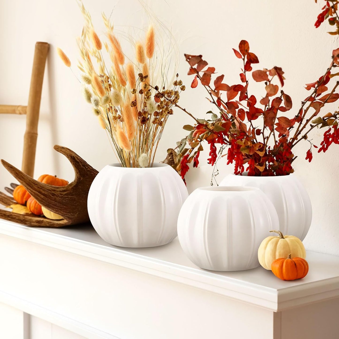 Sieral 3 Pcs Pumpkin Shape Ceramic Vase Fall Flower Vase 5.5 Inch White Ceramic Vase Pumpkin Flower Pot for Fall Thanksgiving Party Home Room Office Farmhouses Decoration
