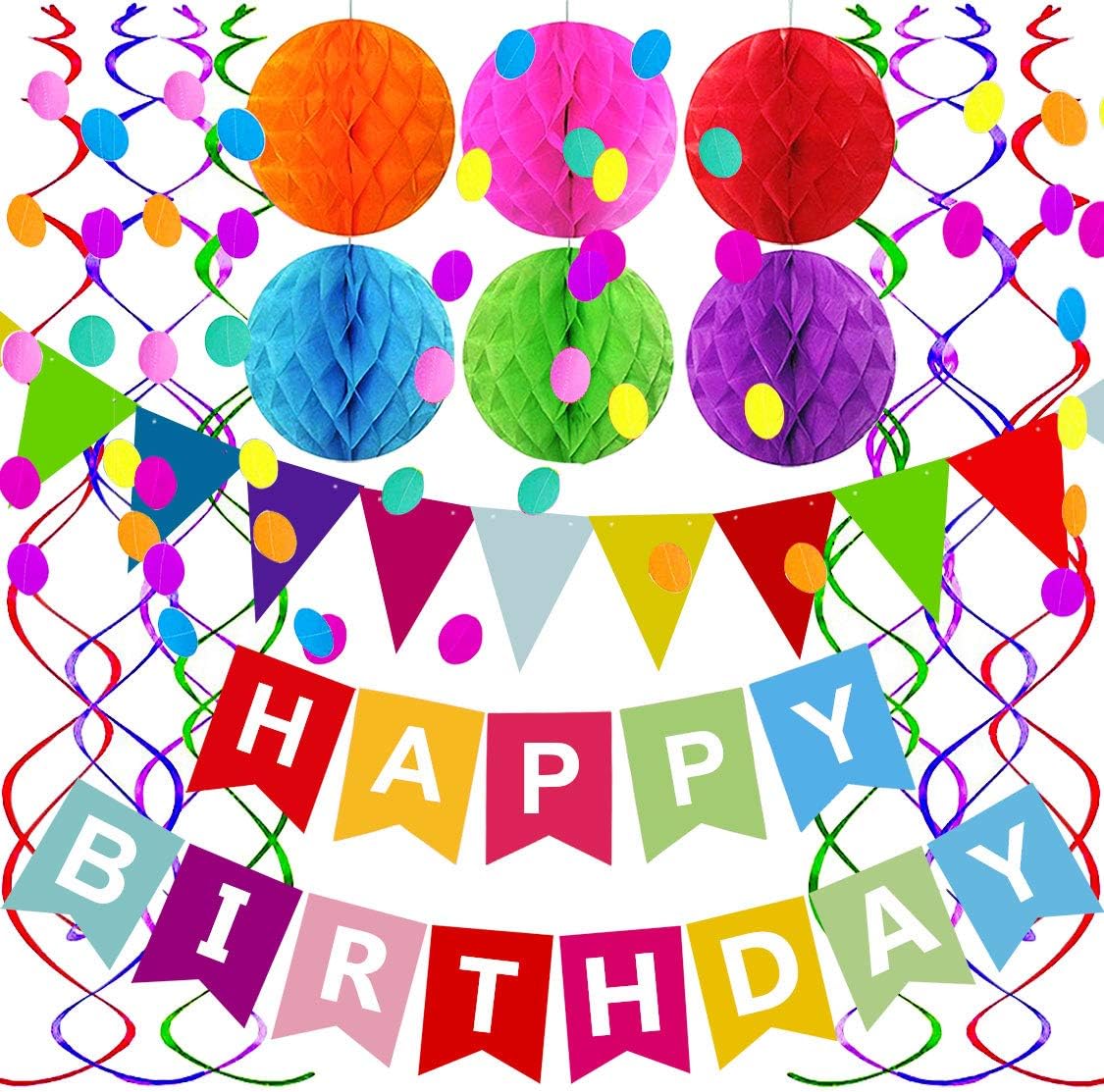 Fecedy Happy Birthday Banner With Colorful Paper Flag Bunting Paper Circle Confetti Garland Swirl Streamers Honeycomb ball for Birthday Party Decorations