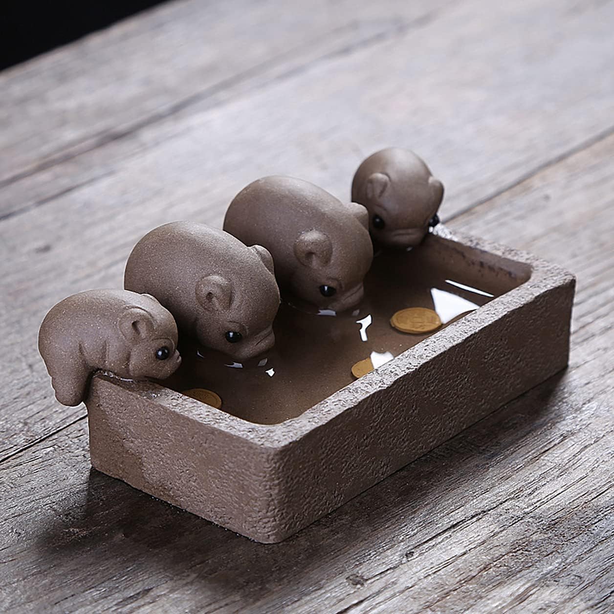 Yixing Zisha Tea Pet,Cute 4 Pig Statues Purple Clay Animal Figurine Planter Pot,Chinese Tea Tray Accessories Ornament