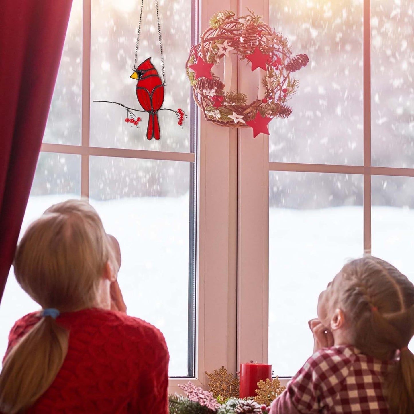 Soaoo Cardinal Gifts Red Cardinal Stained Glass Bird Suncatcher for Women Stained Glass Window Hanging Ornament Suncatcher Handmade Bird Decor Memorial Gift for Mom Grandma Nana(Sitting)