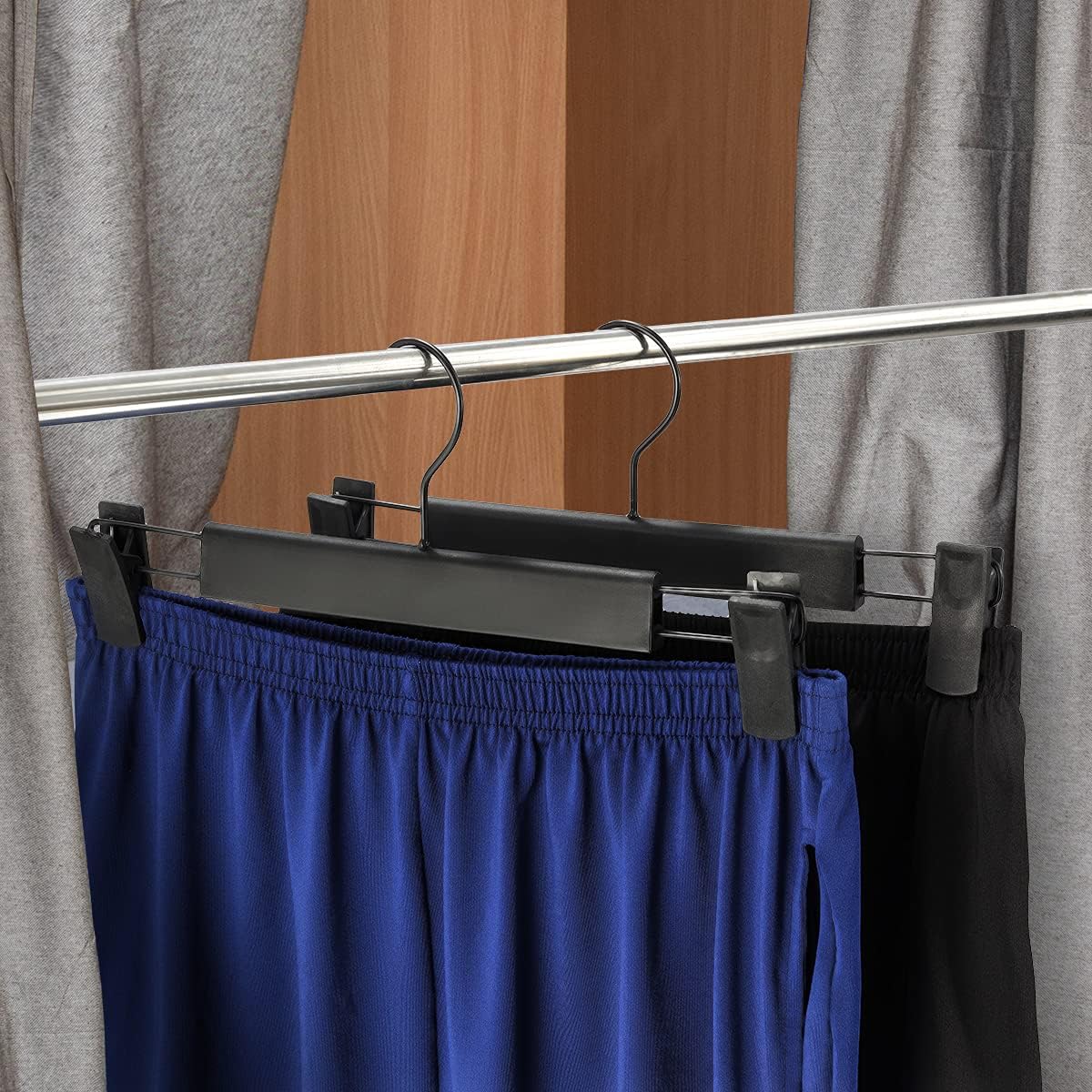 10 Pack Clothes Pants Hangers, Space-Saving Skirt Holders with 360 ° Swivel Hooks, Adjustable Clips, Trouser Coat Garment Jeans Black