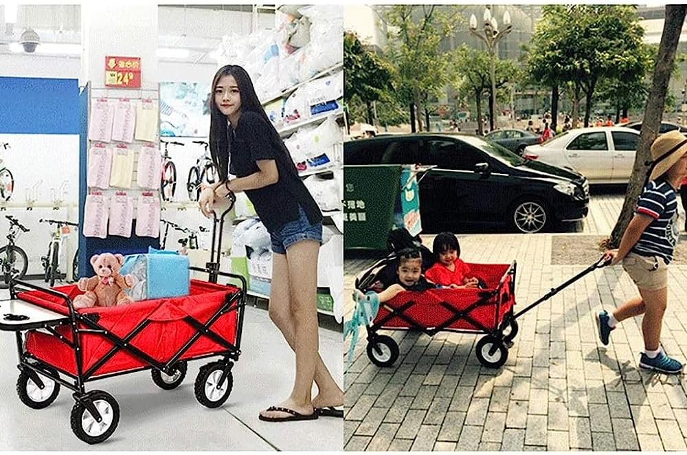 Handcart, Folding Garden Trolley Cart Heavy Duty Wagon for Outdoor Camping Picnic Fishing Multi-Function Shopping Cart with Table Board, Load:80Kg/Army Green
