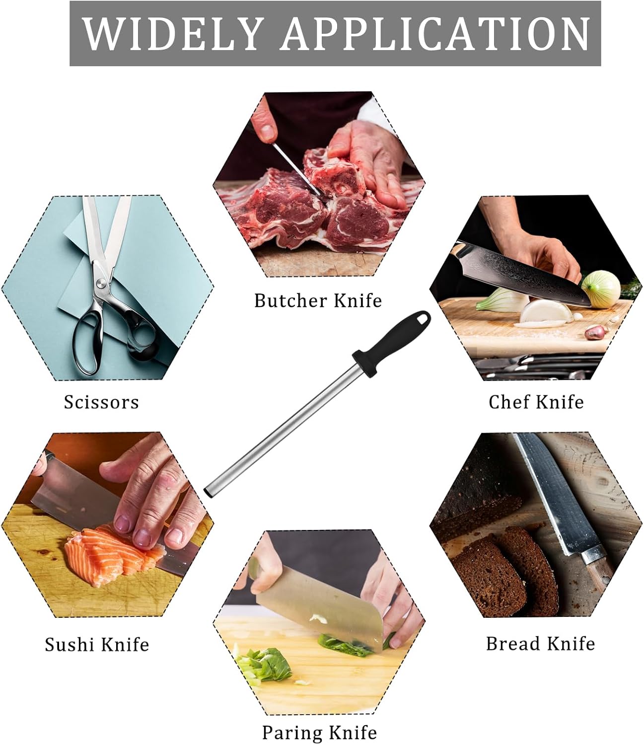 12 Inch Diamond Honing Steel,Professional Knife Sharpener Rod, Kitchen Knife Sharpening Rod & Tungsten Carbide Sharpener for Honing Knife Blades, Chef Knives, Pruning Shears, Garden Tools
