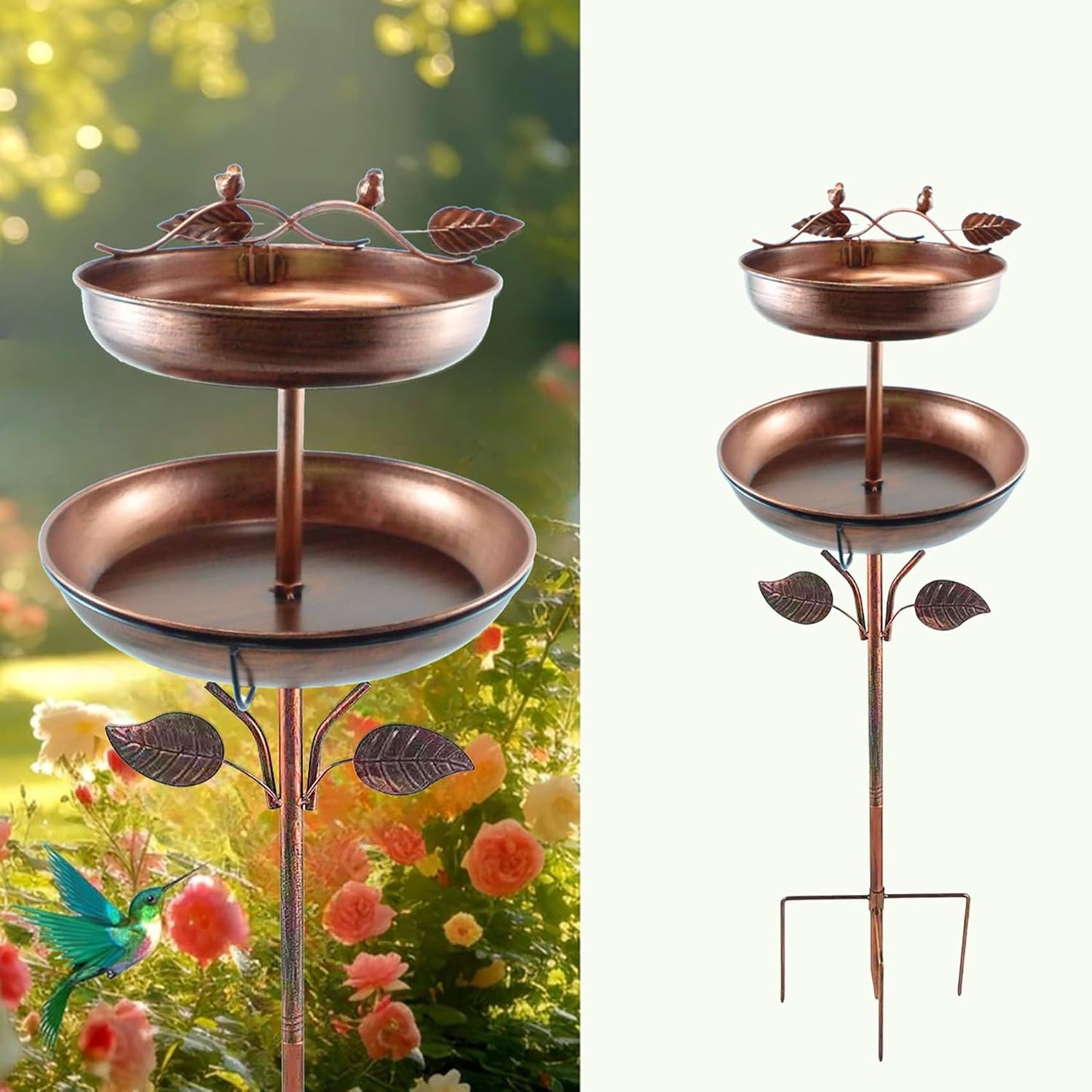 Decorative 2-Tier Bird Bath Feeder with Leaf Design Copper Metal Finish, Garden Stake Style, Outdoor Bird Feeding Station (36.7in*11.8in*9.84in)