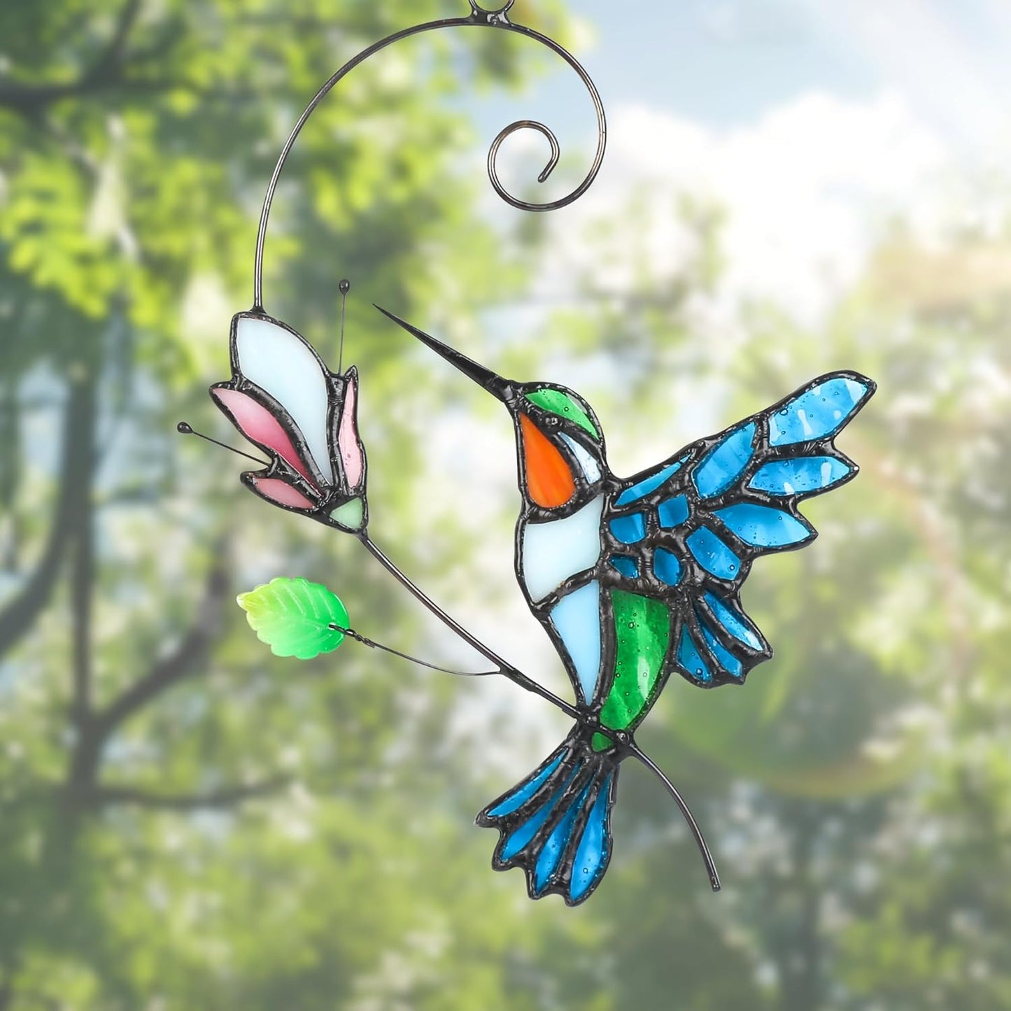 Hummingbird with Flower Stained Glass Birds Suncatcher Window Hangings Bird Suncatcher for Window Home Decor Handmade Hummingbird Gifts for Bird Lovers