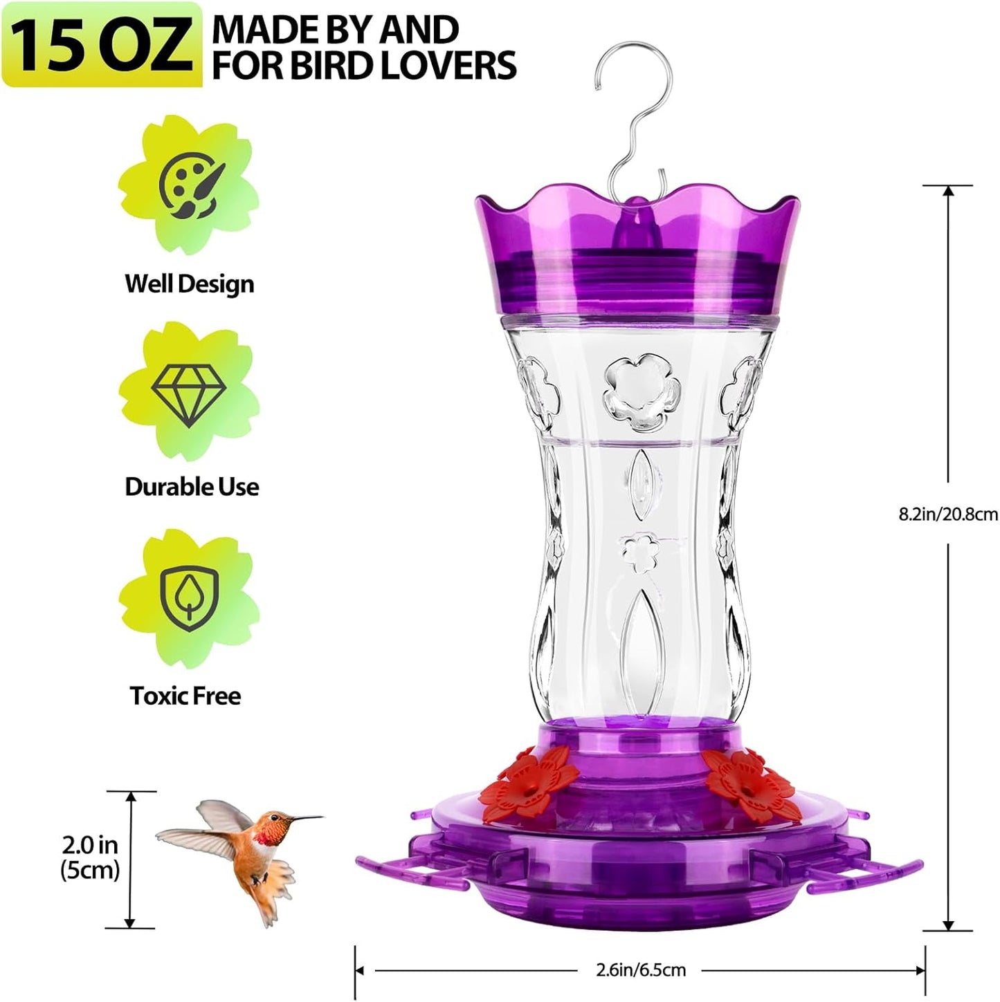 2 Pack Hummingbird Feeders for Outdoors, Built-in Ant Moat & Leakproof, XAROO Glass Hummingbird Feeder with 4 Bee Guard Feeding Ports, Outdoor Garden Décor, 15OZ, Purple