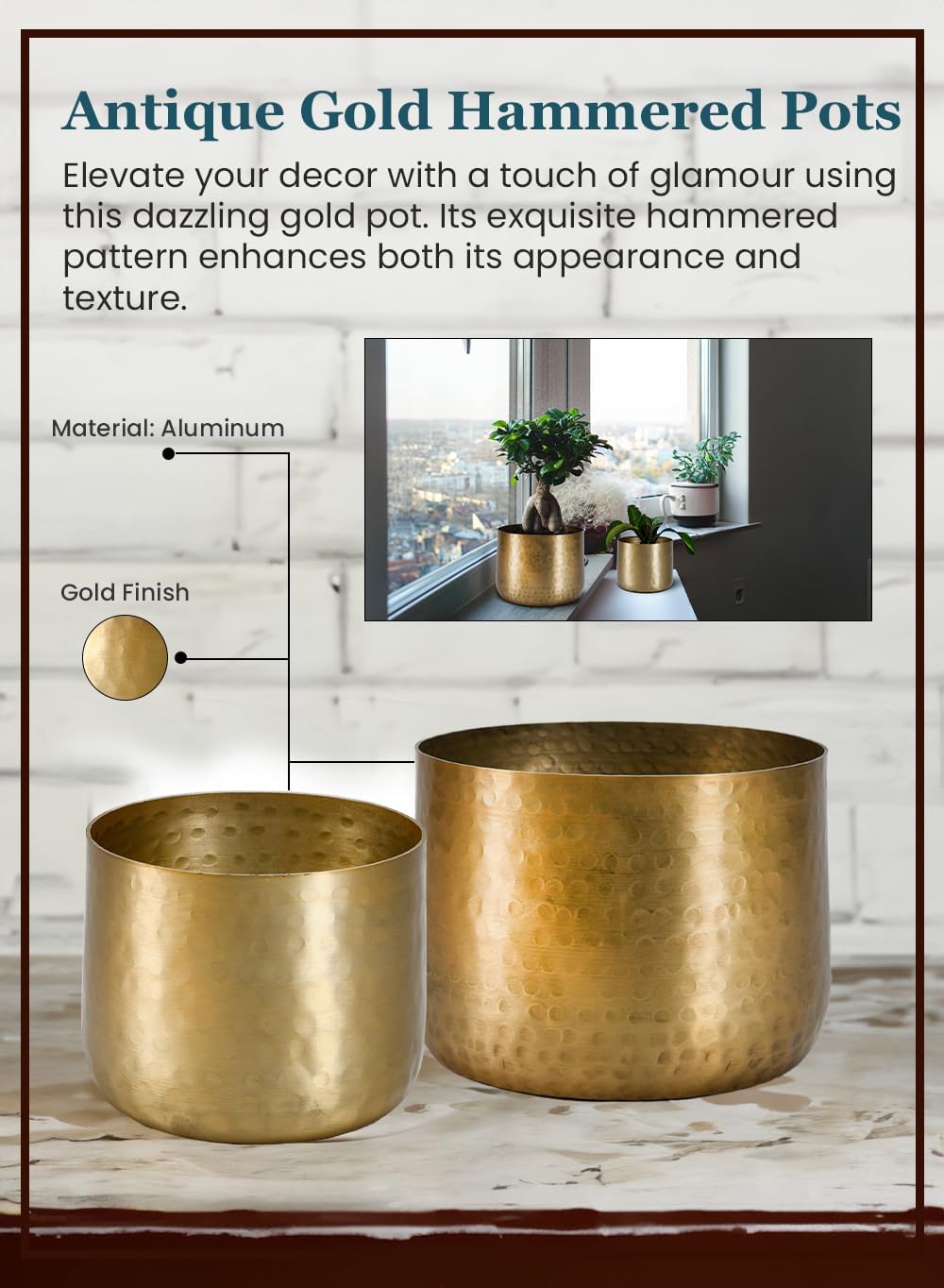 Serene Spaces Living Antique Brass Look Gold Hammered Pots: Stylish Indoor Planter, Decorative Accent for Potted Plants, Gold Flower Vase - Perfect for Weddings or Centerpieces, Small