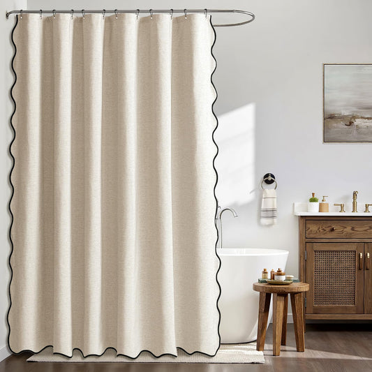MIULEE Beige Scalloped Shower Curtain Linen Textured with 12 Metal Hoo