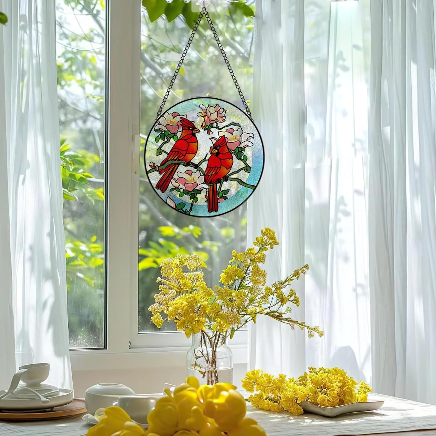 Stained Glass Window Hanging, Cardinals Suncatcher with Hook, Window,
