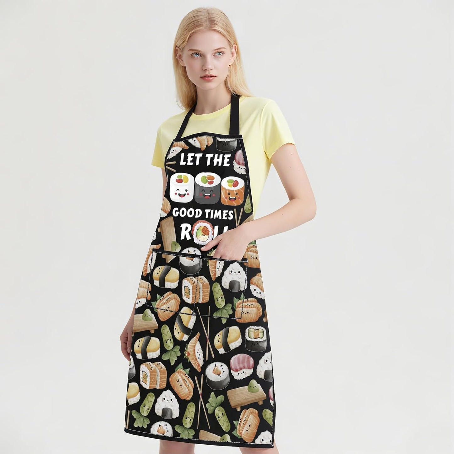 WCGXKO Japanese Asian Food Themed Kitchen Apron Let the Good Times Roll Sushi Anime Kawaii Apron for Sushi Lover
