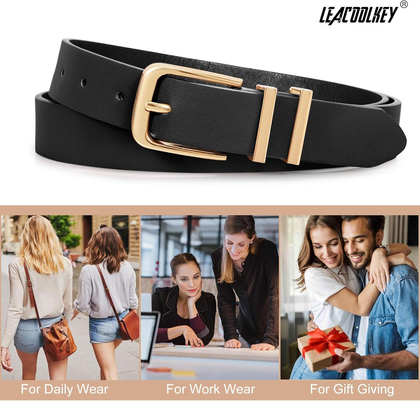 LEACOOLKEY 3 Pack Women's Leather Belts for Jeans Dress Pants Fashion