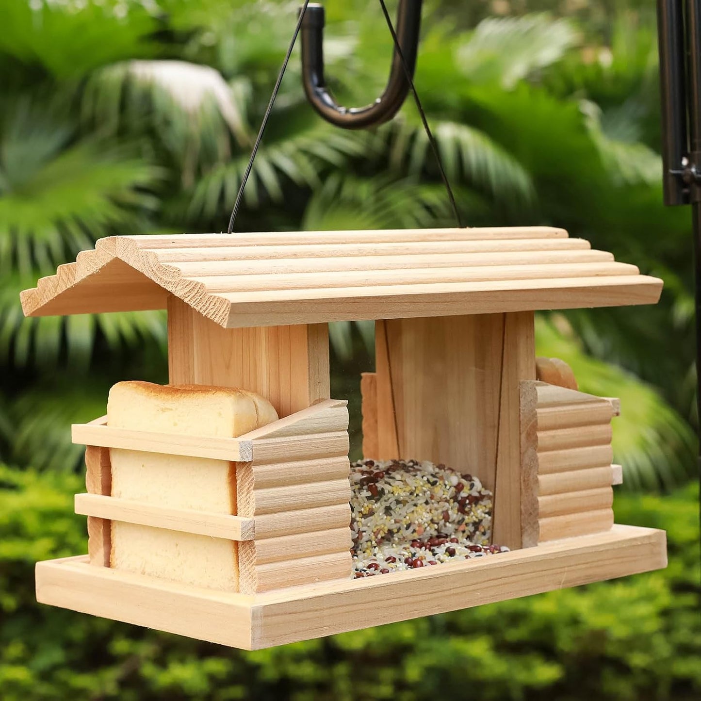 Double Suet Cake Bird Feeder, Wooden Hanging Platform with Windows, Outdoor Wild Bird Mealworm Feeder