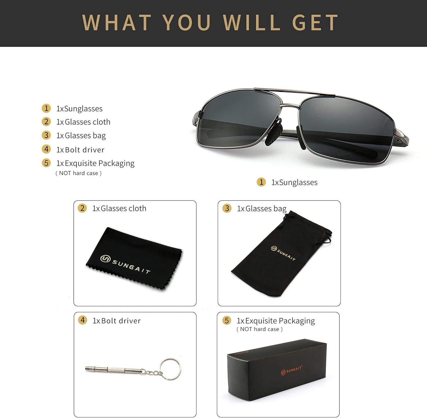SUNGAIT Ultra Lightweight Rectangular Polarized Sunglasses Men UV400 P