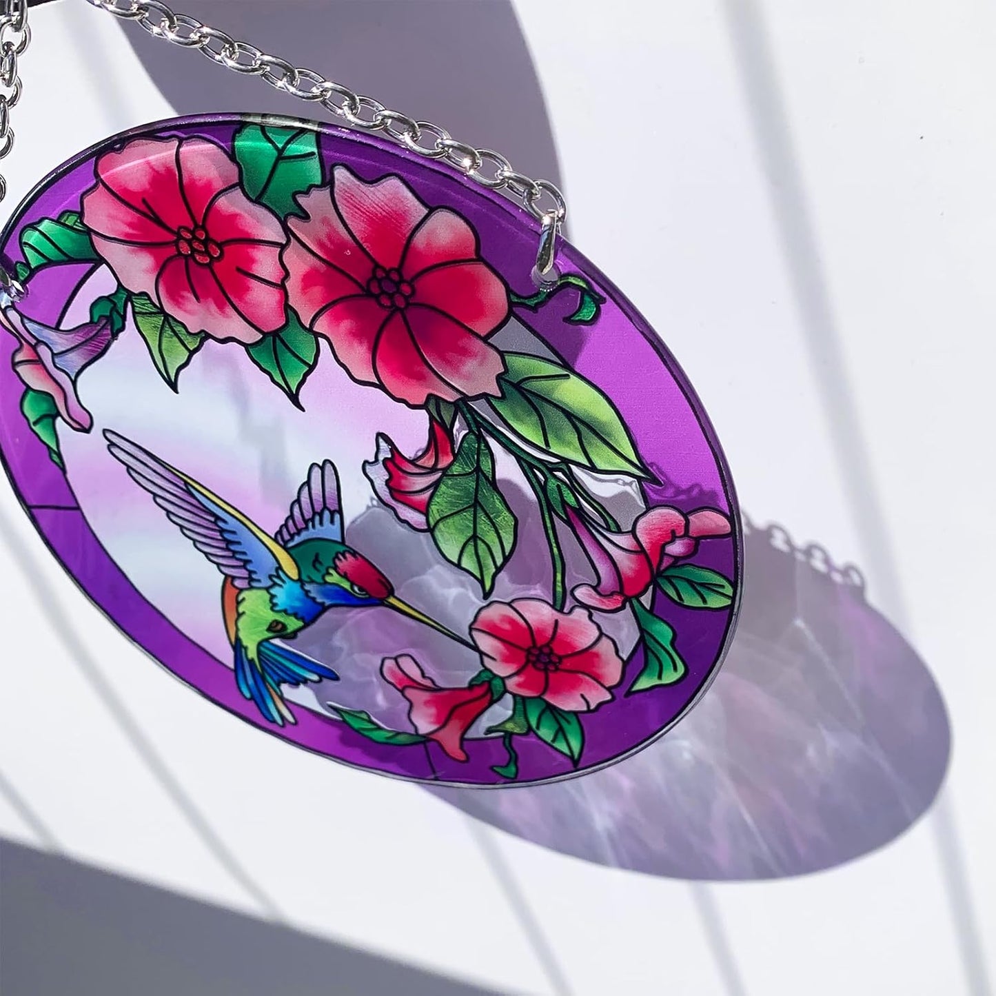 Stained Glass Window Hanging, Hummingbird Gifts for Women, Bird and Flowers Suncatcher for Window, 6" Purple Sun Catchers, Hand Painted Glass for Birds Lover (6 inch)