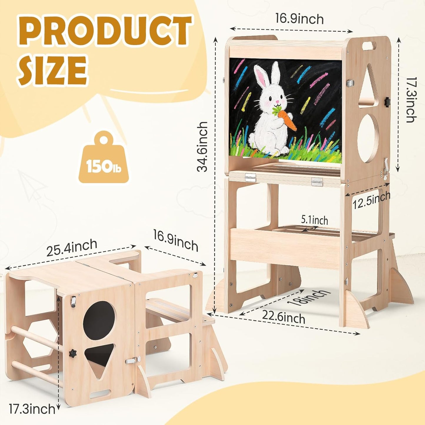 4-in-1 Toddler Kitchen Step Stool, Foldable Learning Standing Tower wi