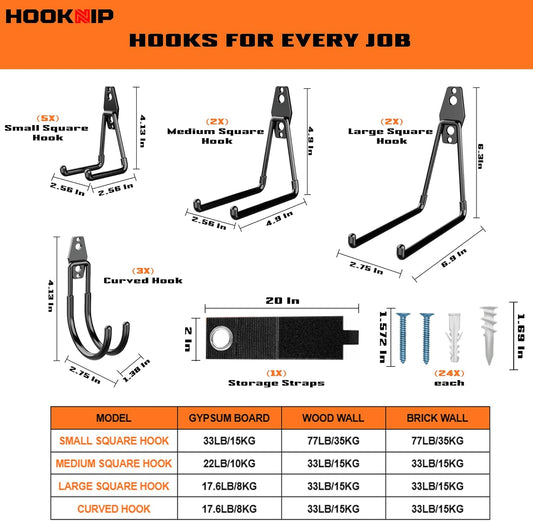 Pack 13 Garage Hooks Heavy Duty | Multi-Sized Wall-Mounted Tool Hangers with Anti-Rust PVC Coating | Heavy Duty Wall Hooks for Bikes, Ladders, Garden Tools, and More