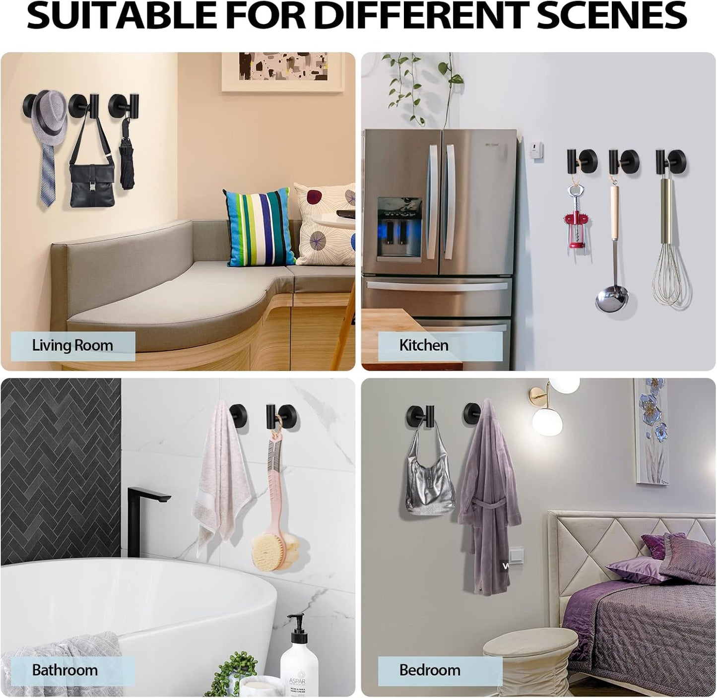 Kruodop Towel Hooks for Bathroom,2 Packs Wall Mount Towel Holder,Black Matte Wall Robe Hook,Stainless Steel Heavy Duty Door Hanger Towel Hook for Kitchen, Bedroom,Hotel,Pool,Coats(Drilling)