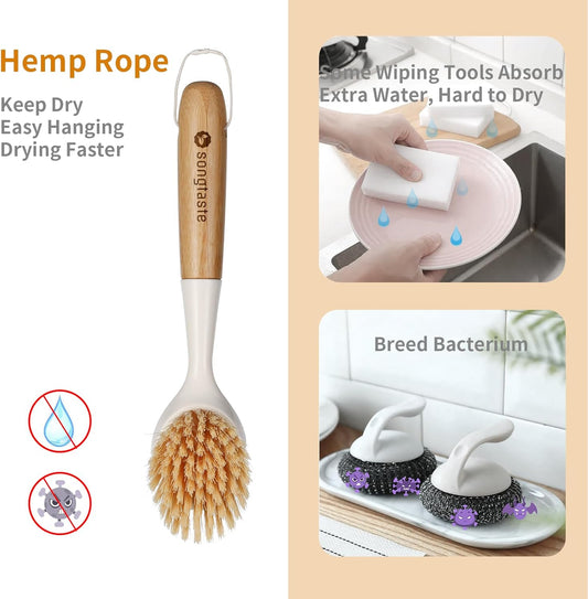 2 Pack Kitchen Dish Brush Bamboo Handle Dish Scrubber Built-in Scraper