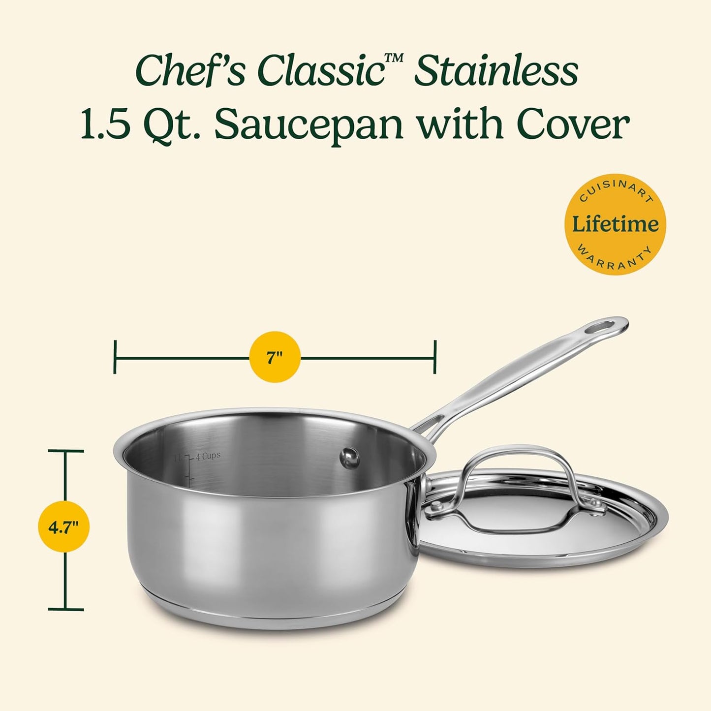 Cuisinart 1.5 Quart Sauce Pan with Cover, Stainless Steel Pot with Lid, Small Kitchen Pots, Dishwasher Safe, Compatible with Induction, Electric, Gas Cooktops, Oven Safe Saucepan, Cool Grip Handles
