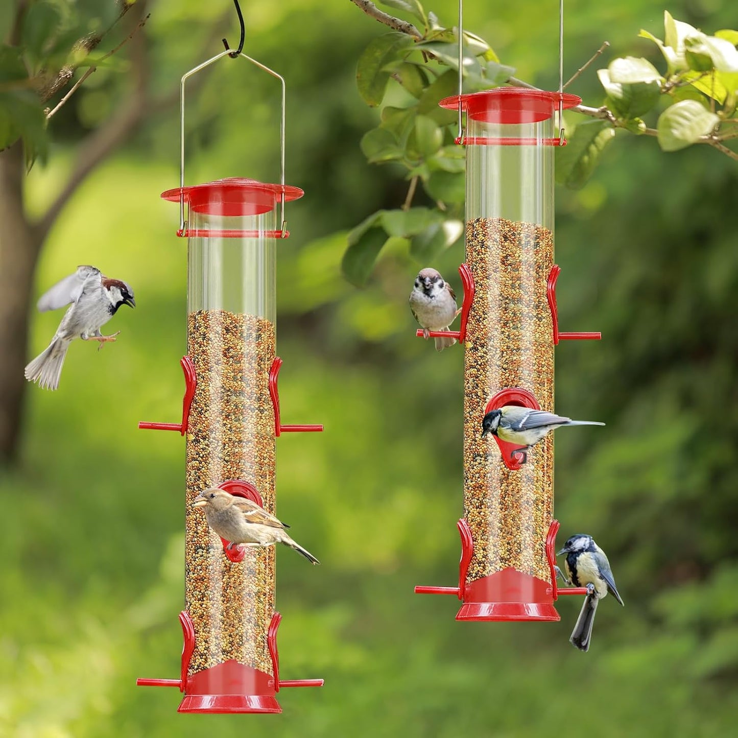 ERYTLLY 2 Pack Bird Feeders for Outdoors Hanging with 6 Feeding Ports Extra Thick Solid Tube Transparent Weatherproof Water Resistant Great for Attracting Birds Garden