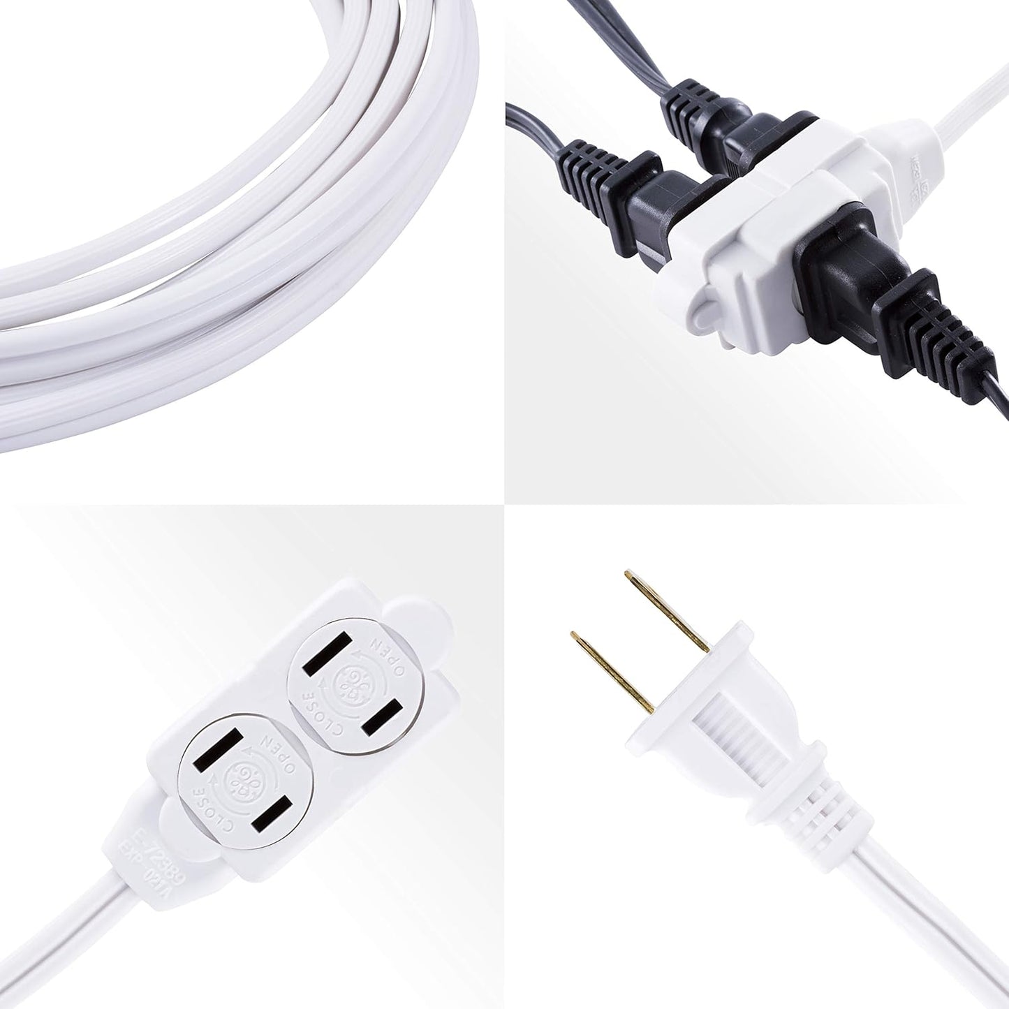 GE 3-Extension Cord with Multiple Outlets 12 Ft Power Strip 2 Prong 16 Gauge Twist-to-Close Safety Covers Indoor Outlet Extender UL Listed White 51954