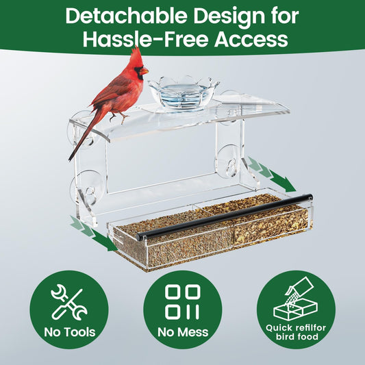Clear Acrylic Window Bird Feeder with Strong Suction Cups, Detachable Tray – Easy to Clean, Birds Viewing for Cats, Outdoor Wild Bird Watching Gift, Outside Garden Decor