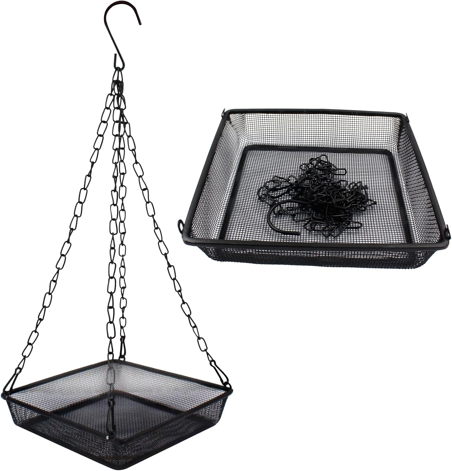 2 Pack Hanging Bird Feeder Tray 6.7 Inch Square Metal Mesh Seed Holder, Durable Metal Mesh Feeders with Chains for Attracting Various Species of Wild Birds