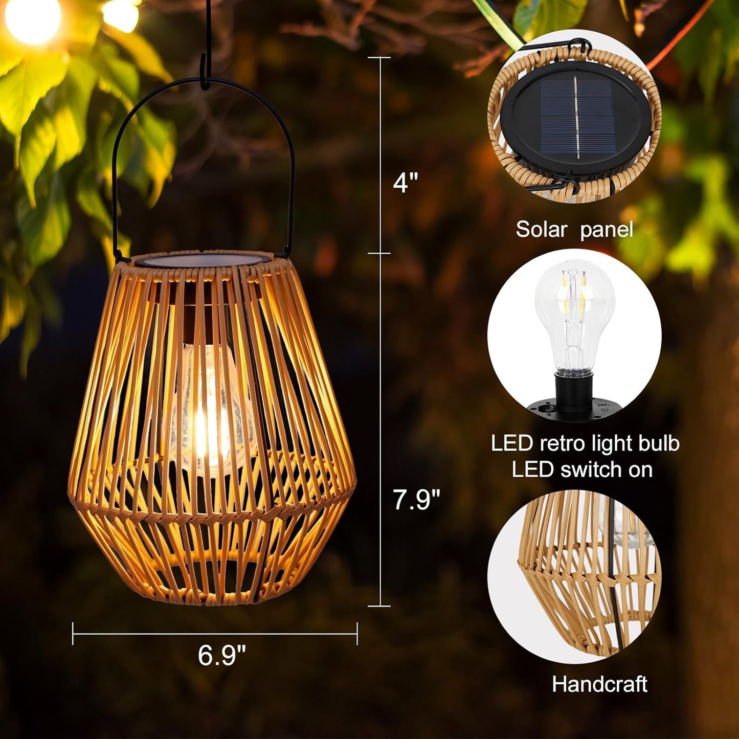 Solar Lantern,2 Pack Solar Wicker Lanterns Outdoor Waterproof Boho Lights for Outside Hanging Rattan Lights Outdoor Patio Lanterns Decoration for Garden,Yard,Porch,Trees,Lawn,Pathway