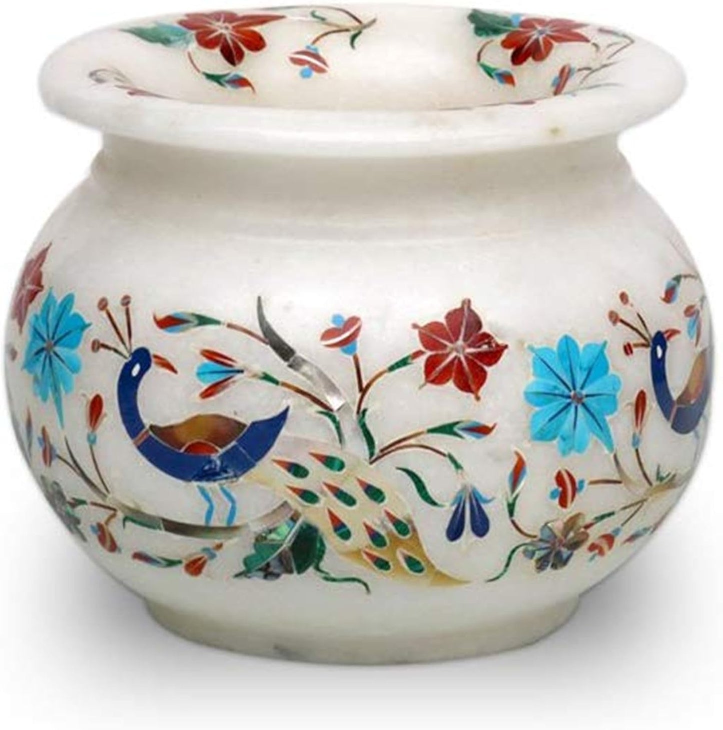 Handmade White Marble Flower Vase | 5 Inches Stone Planter with Floral